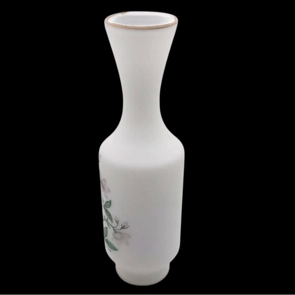 Vintage Floral White Satin Glass Vase Gold Trim Cottagecore - Picture 3 of 9